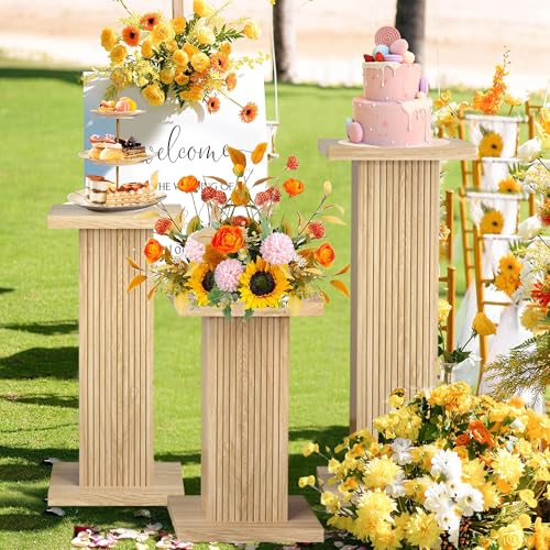 Mxtxmy 3PCS Square Pedestal Stand for Party,Wood Display Pedestal Stands for Parties,Fluted Plinth Pillars Table for Wedding Birthday Baby Shower Decor