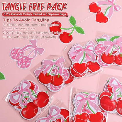 Xinnun Cherry Party Decorations Pink Bow Hanging Banners Garland Cherry Baby Shower Decorations Cutouts Ribbon Streamers for Berry Birthday Bridal Engagement Bachelorette Wedding Party Decor - style: Cherry