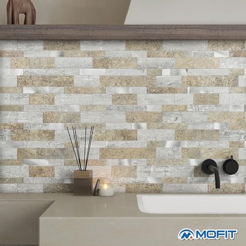MOFIT Backsplash Tile for Kitchen Peel and Stick Stone Matte Finish,Bathroom Tiles Stickers 3D Wall Panel Linear Mosaic Marble Backsplash Waterproof(10sheets,Castle Brown) - color: Castle Brown, size: 10sheets