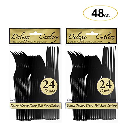 Party Essentials Extra Heavy Duty Hard Plastic Cutlery Combo Pack, Full Size Knives/Forks/Spoons, Black, 48-Pieces/ 16-Place Settings (N1224BK-2) - color: Black, size: 48-Pieces/ 16-Place Settings