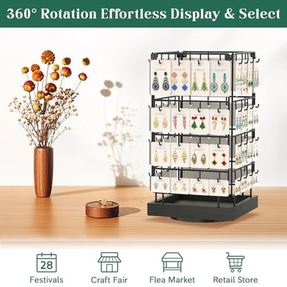 EsLuker.ly Rotating Earring Display Holder Stand for Vendors Events Selling, Large Capacity 64 Hooks Jewelry Rack with Wooden Base for Earring Card Sales, Enhances Retail Visibility - color: Black+Black
