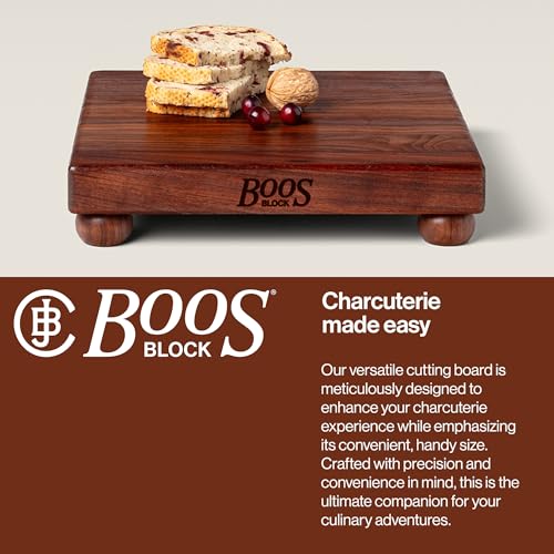 John Boos B Series Square Wooden Walnut Cutting Board 12”x12” – 1.5” Thick, 5-lb Non-Reversible Butcher Block with Wood Bun Feet & Edge-Grain - color: Walnut with Wood Feet, size: 12"L x 12"W