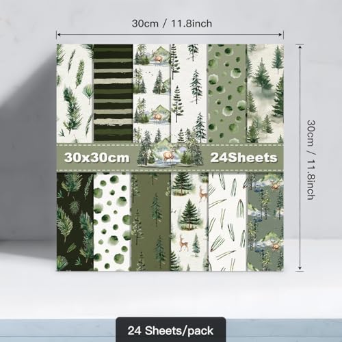Double Sided Christmas Scrapbook Paper - 24 Sheets Christmas Tree Green Nature Woodland Forest Patterned Holiday Specialty Scrapbooking Paper Packs for Card Making Art Craft Photo Album - color: Green Christmas Tree
