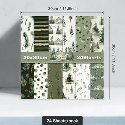 Double Sided Christmas Scrapbook Paper - 24 Sheets Christmas Tree Green Nature Woodland Forest Patterned Holiday Specialty Scrapbooking Paper Packs for Card Making Art Craft Photo Album - color: Green Christmas Tree
