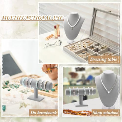 Huquary 6 Pcs Velvet Jewelry Display Set Necklace Display Stand T Bar Bracelet Holder Jewelry Bust for Home Store Trade Show(Gray) - color: Gray