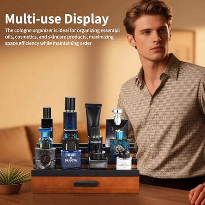 Perfume Organizer for Men, 3 Tier Wood Perfume Display Stand with Velvet Lining Drawer and Hidden Compartment for Watch,Jewelry,Perfume Display Risers,A Gift for Men (Black+Walnut) - style: 3 Tier - BlackWalnut