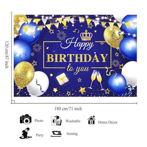 180x120 cm Royal Navy Gold Happy Birthday Party Photography Backgrounds Backdrops Cloth 71x47 inch Glitter Navy Blue Golden Happy Birthday Sign Banners Decorations Supplies for Women Men - color: Blue Gold