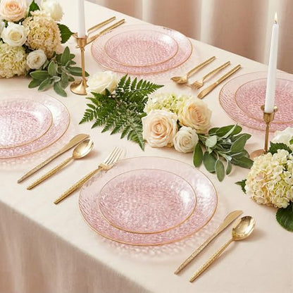 I00000 150Pcs Clear Pink Plastic Plates with Gold Rim,Pink Disposable Plates,Clear Hammer Patterned Disposable plates Set include 30 Dinner Plate,30 Dessert Plate,90 Plastic Silverware Set for Party - color: Clear Pink