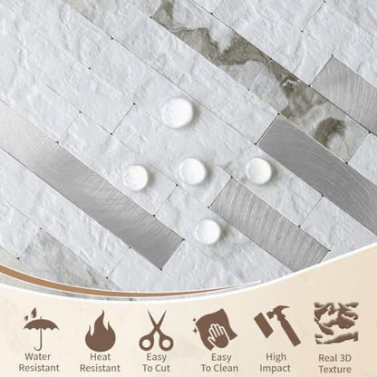 DICOFUN 20 Sheets White Marble Peel and Stick Backsplash Tile, Faux Stone PVC Mixed Metal Stick on Backsplash Kitchen Wall Tiles - color: White Marble + Metal Silver, size: 20 Sheets, 6’’x12’’x0.12’’