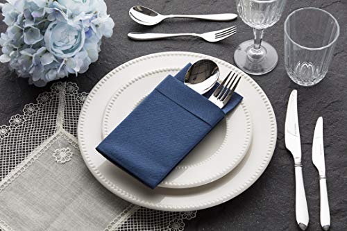 Moyes Home Navy Disposable Dinner Napkins with Pocket - Linen-Feel Pre-Folded Cloth-Like Paper Napkins for Silverware, Weddings, Dinner Parties, 16x16 in, Pack of 50 - color: Navy