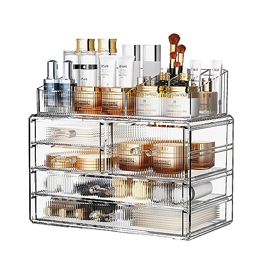 ZHIAI Stackable Storage Drawers, Acrylic Bathroom Counter Organizer Clear Makeup Organizers for Vanity, Kitchen Cabinets, Bathroom, Undersink, Home Organization and Storage (2Top 3 Drawers,) - color: (2 Base, 3 Drawers) with Top