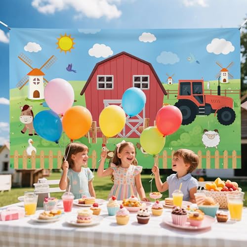 Farm Backdrop, 72x43inch Farmhouse Barn Backdrop, Farm Birthday Decorations, Rustic Farm Animals Photography Background Party Decorations for Boys and Kids Baby Shower Banner Newborn Photo Props