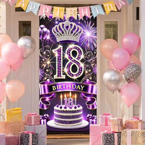 HOMETITUTE 18th Birthday Door Cover 71x35 Inch Purple Diamond Birthday Banner for Party Decorations Crown Cake Gift Backdrop Sign for Girls Women Photo Booth Prop Wall Decor - color: Purple Cake 18