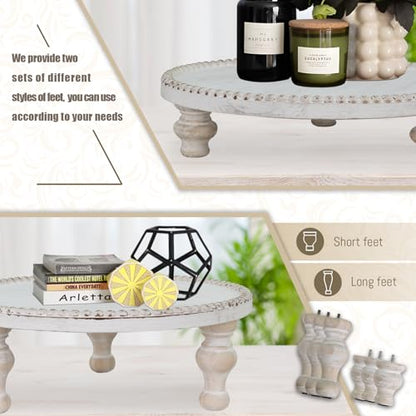MAONAME Farmhouse Wood Riser for Display, Decorative Pedestal Stand for Kitchen Counter, Rustic Round Beaded Wooden Display Tray for Home Decor, Short and Tall Footed, 11.87 Inch
