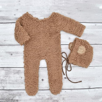 Zeroest Newborn Photography Props Boy Outfits Bear Baby Girl Photo Props Outfits Hat Footed Romper Sleeved Set for Photoshoot - color: Tan