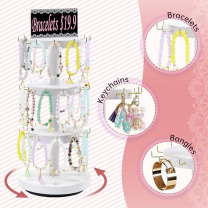 Pinzoveco Bracelet Holder, 3 Tier Wooden Rotating Bracelet Display Stand, Tree Stand Vendor Booth Display with Adversitsing Board, 36 Hooks for Bracelet, KeyChain Display Stand, White (Patent Pending) - color: Weathered White