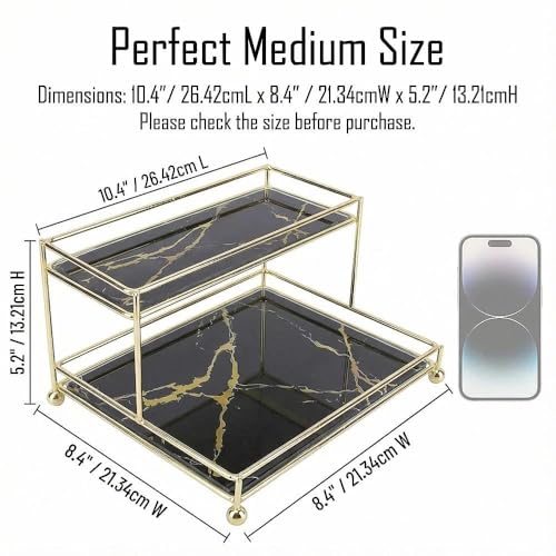 Makeup Organizer Shelf, 2-Tier Cosmetic Storage Basket with Glass Tray, Wire Vanity Organizer Rack for Bathroom, Countertop, Dresser and More, Medium Size