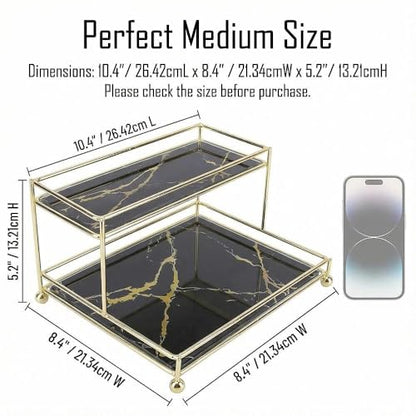 Makeup Organizer Shelf, 2-Tier Cosmetic Storage Basket with Glass Tray, Wire Vanity Organizer Rack for Bathroom, Countertop, Dresser and More, Medium Size