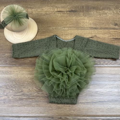 Newborn Photography Outfits Girl Baby Photo Tutu Dress Newborn Photoshoot Romper Baby Picture Lace Outfit - color: Green3