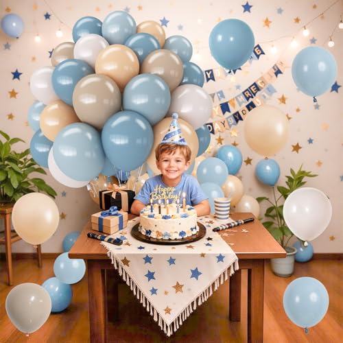 Dusty Blue Neutral Balloons, 12Inch Retro Blue Boho Apricot Latex Balloons, Double Stuffed Nude White Party Balloon for Boho Baby Shower Boys Birthday Wedding Bear Theme Newborn Welcome Party Decor - color: Retro Blue Apricot White