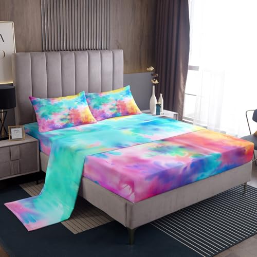 Tie Dye Bed Sheets Boho Psychedelic Sheet Set Colorful Rainbow Bedding Sheets & Pillowcases Sets Trippy Bohemian Gypsy Fitted Sheet for Kids Girl Women Watercolor Batik Flat Sheet Twin,1 Pillow Case - color: Multi 06, size: Twin