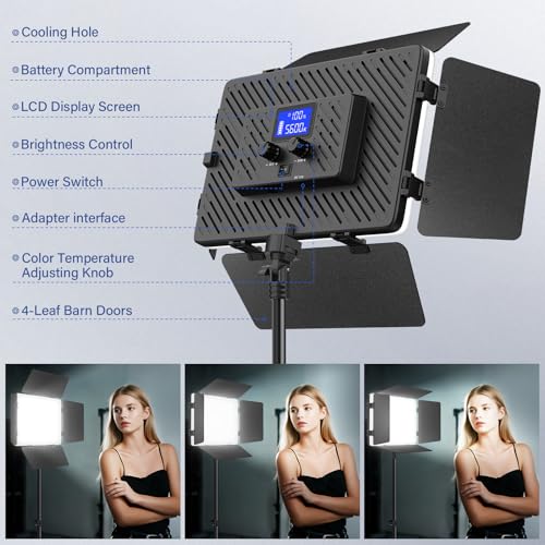2 Pack Led Video Light Kit with Stand, Kmasic Photography Light Panel Built-in 8000mAh & LCD Display, 2200Lux 2500K-8500K Soft Studio Light for Video Recording Game Live Streaming YouTube TikTok