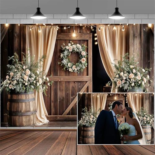6X4ft Wooden Wedding Backdrop Banner Vintage Country Floral Barn Door Anniversary Photography Backdrops Western Rustic Plank Birthday Party Baby Shower Party Photographic Studio Photo Backgrounds - color: Multi1, size: 6X4FT