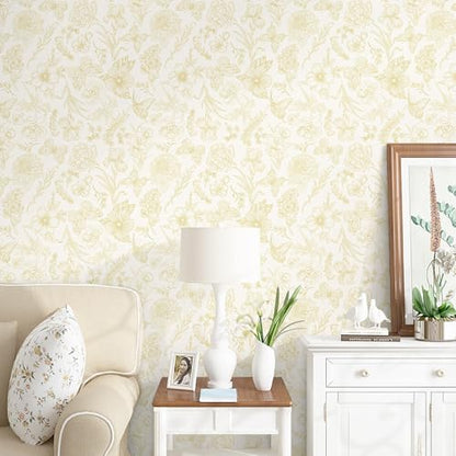 Gold Wallpaper Floral Peel and Stick Wallpaper White and Gold Wall Paper Laundry Room Contact Paper Self-Adhesive Removable Nursery Kids Room Bathroom Bedroom Shelf Liner Vinyl 78.7" x 17.3" - color: Yellow and Beige, size: 17.3" x 78.7"