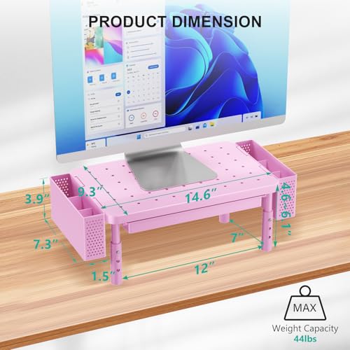 WALI Computer Monitor Stand with Storage, Desk Organizer with Drawer and Pen Holder, Desk Monitor Riser 3 Height Adjustable, Laptop Riser for Computer, Laptop, Printer (PTT003-P), 1 Pack, Pink - color: Pink, size: 14.6" * 9.3" with Drawer and Pen Holder
