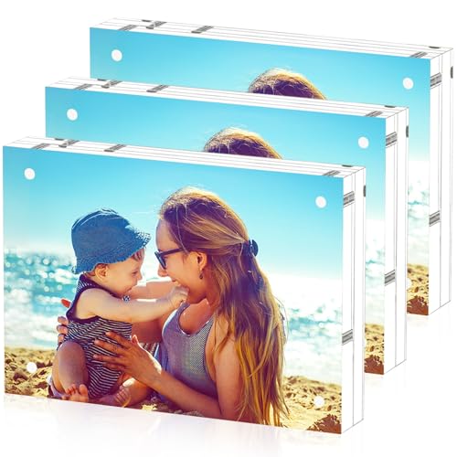HELPLEX Acrylic Frame, 3 Pack 3.5x5 acrylic Picture Frames, 20mm Thicker Frameless Clear Frame Double Sided Magnetic Frame, Free Standing Desktop Display - size: 3.5x5(3 Pack)
