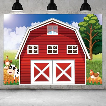 Cartoon Farm Photography Backdrop 8x6ft Animals Rustic Farmhouse Red Barn Photo Background for Kids Birthday Party Decoration Barnyard Baby Shower Newborn Photobooth Banner - size: 8x6 FT