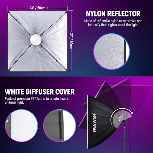 NEEWER 2 Pack 520W Equivalent RGB Softbox Lighting Kit with App Control & 9 Effects, 26W LED Bulbs CRI93+ TLCI98+, E26 Porcelain Sockets, 24" Softboxes for Studio Photography Lighting, NK800