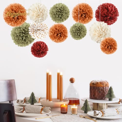 NICROLANDEE Fall Party Decorations, 12 PCS Pumpkin Orange Burgundy Sage Green Ivory Tissue Pom Poms Thanksgiving Decor for Home, Wedding, Birthday, Autumn Harvest Party Supplies - style: Fall