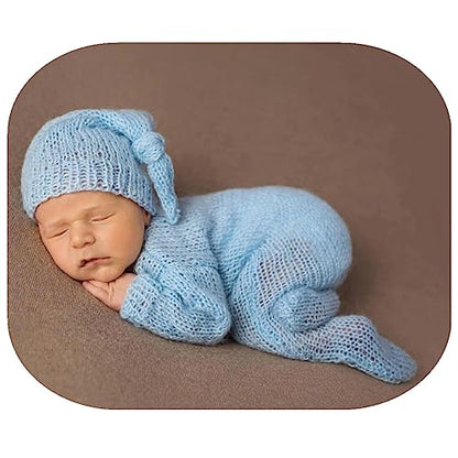 Newborn Photography Prop Baby Boys Girls Photoshoot Outfits Newborn Photo Knitted Romper Sleepy Hat Picture Outfit - color: Light Blue