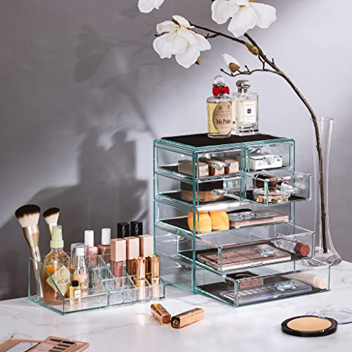 Sorbus Acrylic Makeup Organizer Set, 7-Drawer Vanity & Countertop Cosmetic Storage with Small & Wide Compartments, Teal Thrill Makeup Storage for Brushes, Jewelry – Holiday Gift for Women & Teens - color: Teal Thrill, size: 3 Large, 4 Small Drawers