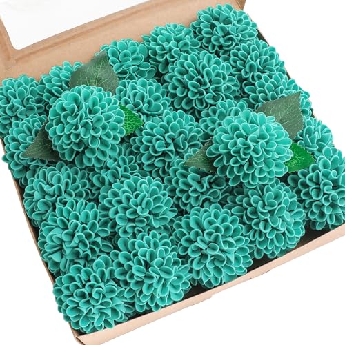 Floroom Artificial Dahlia Flowers 25pcs Real Looking Teal Green Foam Fake Roses with Stems for DIY Wedding Bouquets Bridal Shower Centerpieces Floral Arrangements Party Tables Home Decoration - color: Teal Green