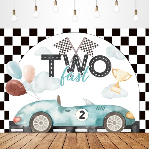 Glawry Two Fast 2nd Birthday Backdrop for Photography 7Wx5H Feet Boys Kids Racing Car Watercolor Teal Green Balloons Black White Flag Grid Party Decorations Photoshoot Background Photo Booth Studio - color: Fast Two Birthday, size: 7Wx5H