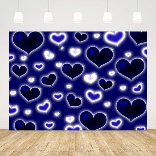 AIBIIN 8x6ft Blue Black Heart Backdrop Early 2000s Sweetheart Photography Background 2000s Love Hearts Y2k Valentines Day Birthday Party Decorations Banner Photo Props - color: Blue Black, size: 8x6ft