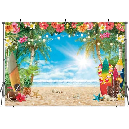 7x5FT Polyester Fabric Summer Beach Hawaiian Backdrop Seaside Tropical Flower Palm Leaves Surfboard Photography Background for Luau Aloha Party Decoration Banner Picture Photo Booth - size: 7'x5'