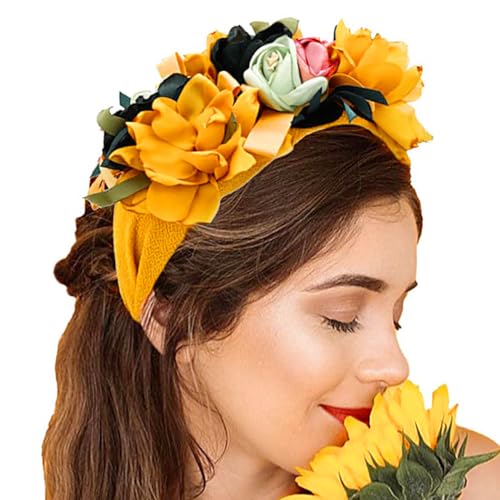 Flower Headbands for Women Boho Yellow Floral Headband Wide Autumn Wedding Hairband statement Hair Accessories(Yellow) - color: Yellow