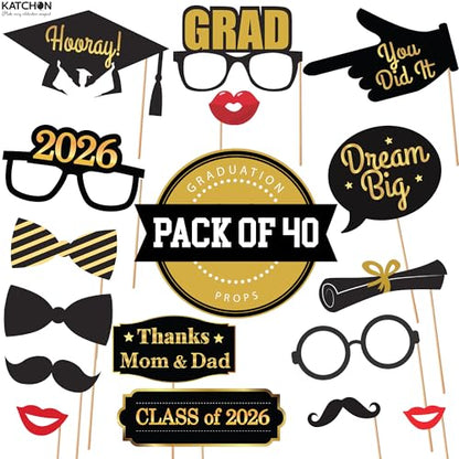 KatchOn, Graduation Photo Booth Props - Pack of 40 | Black and Gold Grad Photo Props, Graduation Decorations 2026 | Congrats Grad Props for Photoshoot 2026, Class of 2026 Decor | Grad Party Supplies