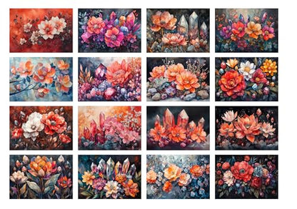 Decoupage Paper Pack (35 Sheets 6"x8") Gemstone Flowers: Radiant Floral Blooms Intertwined with Sparkling Crystals in Vibrant and Lush Dreamlike Arrangements for Enchanting Artistic Wall Art FLONZ - color: Sixteen
