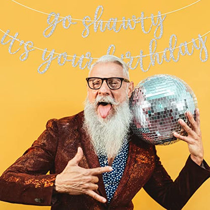 Go Shawty It's Your Birthday Banner, Hip Hop Birthday Party Decorations Supplies, Rap Theme Bday Bunting Sign, Pre-strung, Photo Props (Silver) - color: Silver