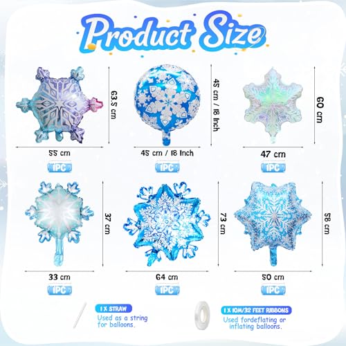 Biapian Snowflakes Balloons Set, Large Snowflake Shaped Foil Balloon, Blue Purple Silver Iridescent Snow Balloons for Ice Snow Princess Themed Birthday Party Decorations Winter New Year Decorations - style: Snowflake