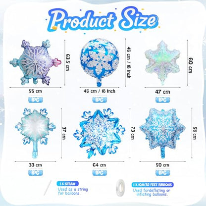 Biapian Snowflakes Balloons Set, Large Snowflake Shaped Foil Balloon, Blue Purple Silver Iridescent Snow Balloons for Ice Snow Princess Themed Birthday Party Decorations Winter New Year Decorations - style: Snowflake
