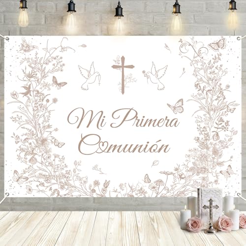 MEHOFOND 8x6ft Mi Primera Comunión Backdrop Vintage Floral Baptism Decorations Light Brown First Holy Communion Photography Background God Bless Christening Party Backdrop Banner Photo Booth Props - color: Light Brown, size: 8x6ft