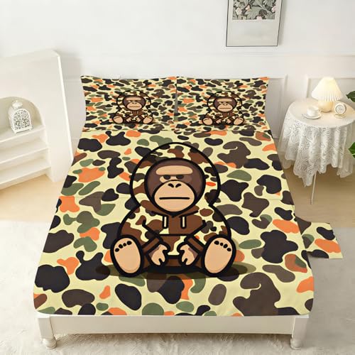 Camo Monkey Sheet Set Queen Size for Boys Men Bedroom Camouflage Fitted Sheet Set Streetwear Style Bed Sheets Cartoon Gorilla Bedspread 1 Fitted Sheet + 1 Flat Sheet + 2 Pillowcases - color: Camo, size: Queen
