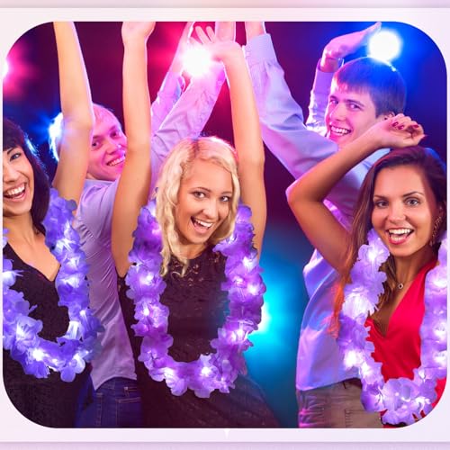 Sherr 24 Pcs LED Light Pink Purple Leis Light up Wedding Hawaiian Leis Flower Necklace with LED Lights Beach Tropical Carnival Party Wedding Supplies Luau for Masquerade - color: Multi Purple