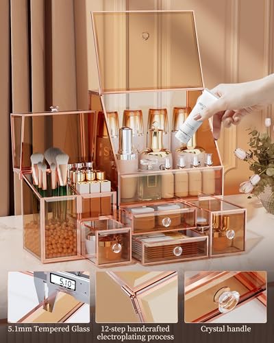 Youdepot Glass Makeup Storage for Vanity and Bathroom Countertop – Large Cosmetic Display Case and Skincare Storage Solution - color: Amber