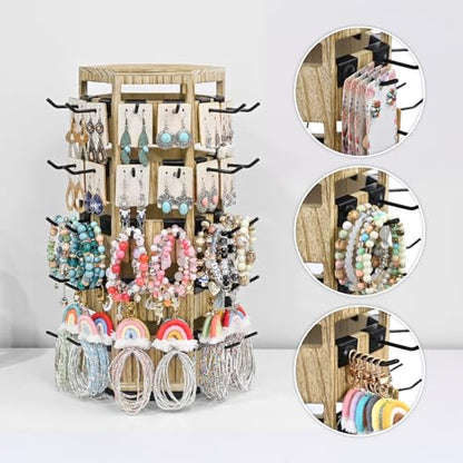 Ikee Design Free Assemble Wood Hexagon Rotating Jewelry Display Stand, 60 Removable Metal Hooks, Keychain Display Stand, Jewelry Organizer, Earring Bracelet Organizer, Oak Color, 8.3W x7.2D x 16.2H in - color: 6 side, Oak, 60 hooks